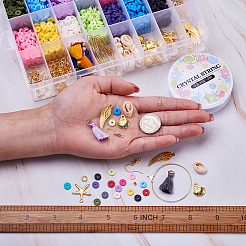 DIYダングルピアス作り  手作りポリマークレイビーズと  シェルビーズ  合金のチベット風チャーム  真鍮のピアスフックとナイロン糸のタッセルペンダント装飾  ゴールドカラー  190x130x36mm&nbsp;DIY-TA0002-77