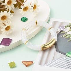 女の子の女性のために設定された分厚いカーブチューブビーズストレッチブレスレット  アクリル＆ccbプラスチックビーズブレスレット  ゴールドカラー  ホワイト  内径：2-1/8インチ（5.5cm）  3個/セット&nbsp;BJEW-JB06949