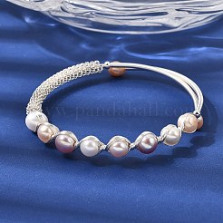 Brass Wire Wrapped Natural  Pearl Cuff Bangles for Women&nbsp;BJEW-D453-05S
