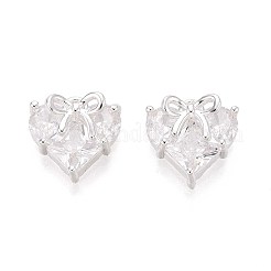 真鍮製マイクロパヴェキュービックジルコニアペンダント  ちょう結びとハート  プラチナ  11x11x5.5~6mm  穴：1.6mm&nbsp;KK-T071-45P