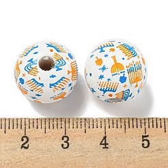 プリントウッドヨーロピアンビーズ  キャンドル模様の丸型  ホワイト  15.5~16mm  穴：4~4.5mm&nbsp;WOOD-G022-15B