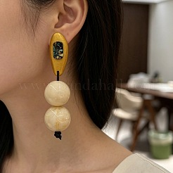 女性用木製＆ガラス製スタッドピアス  丸いナゲット  レジンスタンドピアス  ゴールド  90x20mm&nbsp;WG46741-01