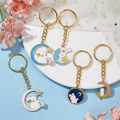 ムーン/フラット ラウンド ウサギ合金エナメル ペンダント キーチェーン付き  鉄のスプリットキーリング付き  混合図形  7.8~8.6cm&nbsp;KEYC-JKC00623