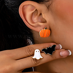 ハロウィン合金エナメルスタッドピアス3組  コウモリとカボチャと幽霊  ゴールドカラー  ミックスカラー  15~19x17~25mm&nbsp;FS-WGD9D4F-01