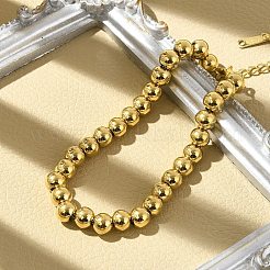女性用304ステンレススチールビーズブレスレット  ラウンド  18KGP本金メッキ  6-3/4インチ（17cm）&nbsp;BJEW-P348-01D-G