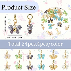 24個 6スタイル電気メッキガラス、真鍮ペンダント付き  蝶のチャーム  ゴールドカラー  ミックスカラー  18x12mm  4個/スタイル&nbsp;PALLOY-YW00208