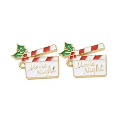 クリスマステーマラックメッキ合金エナメルペンダント  ライトゴールドトーンのカチンコ、ヒイラギとワードの映画の夜のチャーム付き  ホワイト  18.5x23x1.5mm  穴：1.6mm&nbsp;X-PALLOY-O109-36LG