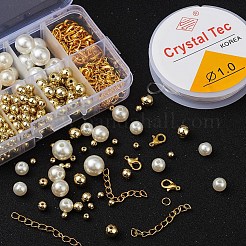 DIYラウンドビーズジュエリーセット作成キット  丸いabsプラスチックビーズを含む  鉄製のペーパークリップチェーンとエンドチェーンと丸カン  亜鉛合金の留め金  伸縮性ストレッチスレッド  ゴールドカラー  ビーズ：約361個/セット&nbsp;DIY-YW0004-45G