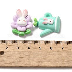 漫画のウサギをテーマにした不透明樹脂のデコデンカボション  花とウサギとじょうろ  混合図形  ミックスカラー  22~28x20.5~27x7.5~8.5mm&nbsp;RESI-R443-04