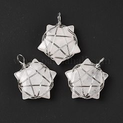 天然石クオーツクリスタルペンダント  ロッククリスタルペンダント  プラチナトーンの銅線を巻いたもの  カドミウムフリー＆鉛フリー  スター  37~41x29~31x9~11mm  穴：4.5~6mm&nbsp;G-D458-07P-06-RS
