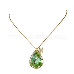 Transparent Epoxy Resin Teardrop & Brass Micro Pave Clear Cubic Zirconia Butterfly Pendant 304 Stainless Steel Cable Chain Necklaces for Women&nbsp;NJEW-JN06288