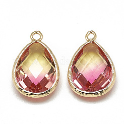 ガラスチャーム  ゴールデントーン真鍮パーツ  多面カット  ティアドロップ  ライトカーキ  23x15x7mm  穴：1.5~2mm&nbsp;GLAA-Q068-12A-07