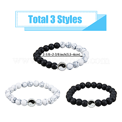 3Pcs 3 Styles Natural Howlite & Frosted Black Stone Beaded Stretch Bracelets Set&nbsp;BJEW-FI0001-21