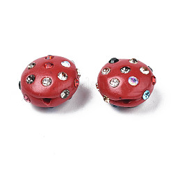 樹脂粘土ラインストーンビーズ  パヴェボールディスコビーズ  フラットラウンド  レッド  11~12x7mm  穴：1.4mm  ラインストーン：pp15（2.1~2.2mm）&nbsp;RB-S056-27C