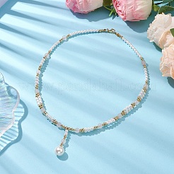 Shell Pearl & Natural Rose Quartz Pendants Necklaces&nbsp;NJEW-JN04903