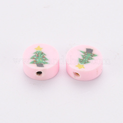 手作り樹脂粘土ビーズ  クリスマスツリーとフラットラウンド  ピンク  10x4mm  穴：1.6mm&nbsp;X-CLAY-N011-005