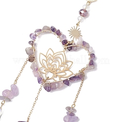 天然アメジストチップと真鍮のハートと蓮の吊り下げ飾り  家の装飾用のガラスのティアドロップタッセル  ゴールドカラー  300mm&nbsp;HJEW-TA00257