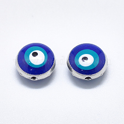 合金ビーズ  エナメル  ナザールボンジュウ付きフラットラウンド  プラチナ  ブルー  10x6mm  穴：1.2mm&nbsp;X-ENAM-S117-08