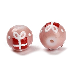 クリスマスをテーマにしたベーキングペイントとガラスビーズ  エナメル  ギフトボックス付き円形  ピンク  12.5~13x11mm  穴：1.6mm&nbsp;LAMP-I028-08D