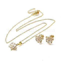 Flower Brass Micro Pave Clear Cubic Zirconia Stud Earrings & Pendant Necklaces Sets&nbsp;SJEW-Z002-04G