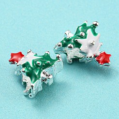 真鍮製エナメルヨーロピアンビーズ  大穴ビーズ  鉛フリー＆カドミウムフリー  長持ちメッキ  銀  クリスマスツリー  グリーン  15x13x9mm  穴：4.8mm&nbsp;KK-D038-15S