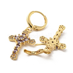 本物の18K金メッキ真鍮ダングルフレンチフックピアス  ガラスと  クロス  ライラック  38x16mm&nbsp;EJEW-A033-03G-06