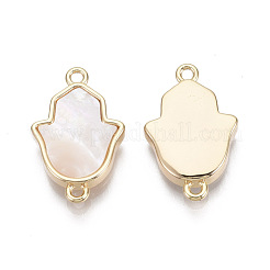 真鍮製コネクター  淡水シェル  ニッケルフリー  宗教  ハムサ手/ファティマの手/ミリアムの手  18KGP本金メッキ  貝殻色  19.5x12x3mm  穴：1.4mm&nbsp;KK-R134-045-NF