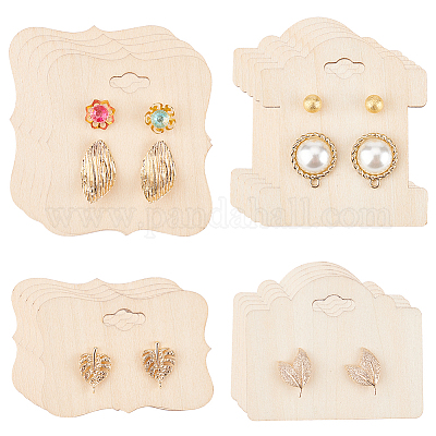 FINGERINSPIRE 24 pcs Wooden Earring Display Cards with Hanging Hole 4 Style 2 4 Holes Ear Studs Display Cards Rectangle Bracelets Hair Rope Organizer