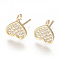 Brass Stud Earring Findings, Cadmium Free & Lead Free, with Cubic Zirconia and Loop, Heart, Clear, Golden, 10x9mm, Hole: 1.2mm, Pin: 0.8mm