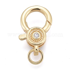 Brass Micro Pave Cubic Zirconia Lobster Claw Clasps, Cadmium Free & Lead Free, with Jump Rings, Long-Lasting Plated, Clear, Real 18K Gold Plated, 16x10x5mm, Hole: 3mm