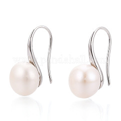 Brass Natural Pearl Dangle Earrings, Round, Real Platinum Plated, 17.5~19x8.5~9mm