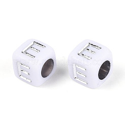 アクリルビーズ  水平穴  メタリックメッキ  キューブ  ホワイト  文字e  6x6x6mm  穴：3.5mm  2600個/ 500g&nbsp;OACR-ZX006-36E