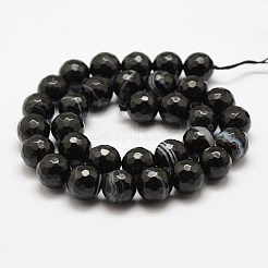 ファセット付き天然黒瑪瑙ビーズ連売り  ラウンド  染め＆加熱  ブラック  6mm  穴：1mm  約60個/連  14.76~14.96インチ（37.5~38cm）&nbsp;X-G-F447-6mm-H05