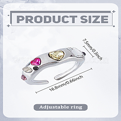 カラフルなラインストーンオープンカフリング1個  女性のためのシルバー真鍮ジュエリー  ハート  内径：16.8mm&nbsp;RJEW-LP0002-08