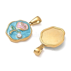 304ステンレススチールエナメルペンダント  花のお守りが付いたナゲット  ABSの模造パールと  イオンプレーティング（ip）  長持ちメッキ  ゴールドカラー  ゴールドカラー  21x16x4mm  穴：2.5x6mm&nbsp;AL-CBA618D-01G-D