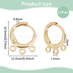 真鍮フレンチフックピアス金具12組  3穴ループ付き  ゴールドカラー  14.5x11.5x2mm  穴：1.5mm  ピン：0.8mm&nbsp;KK-BC0013-28B