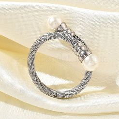 女性用304ステンレススチールオープンカフリング  プラスチック模造真珠付き  ステンレス鋼色  usサイズ8 1/2(18.5mm)&nbsp;RJEW-F173-04P