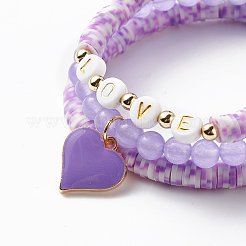 3Pcs 3 Style Natural Dyed Malaysia Jade & Acrylic Word Love Beaded Stretch Bracelets Set with Alloy Enamel Heart Charms&nbsp;BJEW-JB08924-04