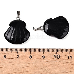 天然石オブシディアンペンダント  プラチナメッキの金属製スナップオンベイルが付いた貝殻型のチャーム  24.5x20.5~21x5.5~6mm  穴：2x5.5mm&nbsp;G-T138-208A