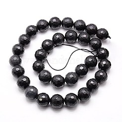 天然ブラックストーンビーズ連売り  多面カット  ラウンド  ブラック  14mm  穴：1mm  約28個/連  15.75インチ&nbsp;G-G542-14mm-04