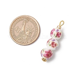 手作りの花柄磁器ペンダント3個  花  チベット風合金と真鍮を使用  ゴールドカラー  38.5x10mm  穴：3mm&nbsp;PALLOY-JF03974