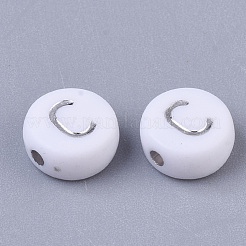 メッキアクリルビーズ  シルバーライン入り  水平穴  アルファベット付きフラットラウンド  ホワイト  文字.d  7x4mm  穴：1.2mm&nbsp;X-PACR-R243-04C