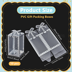 折りたたみ式ハートプリント透明PVCギフト包装箱  ちょう結びの長方形  銀  6x6x12cm&nbsp;CON-WH0085-192B-02