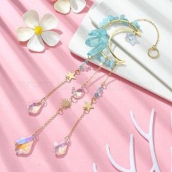 月と星の真鍮の吊り下げ飾り  天然アクアマリンチップとガラスタッセルサンキャッチャー  278mm  穴：10mm&nbsp;HJEW-JM01478-02