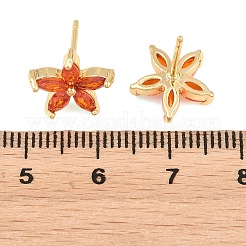 真鍮製 マイクロパヴェ キュービックジルコニア スタッドピアス 女性用  花  カドミウムフリー＆鉛フリー  長持ちメッキ  ラックめっき  18KGP本金メッキ  レッドオレンジ  11.5x12mm&nbsp;KK-A305-05G-06