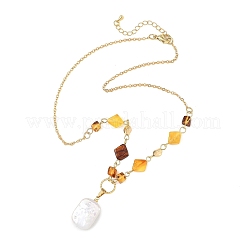 Rectangle Natural Baroque Keshi Pearl Pendant 304 Stainless Steel Natural Amber Rhombus Beaded Chain Necklaces&nbsp;NJEW-JN06664