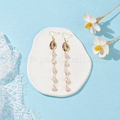 Natural Cowrie Shell Natural Pearl Beaded Long Tassel Dangle Earrings&nbsp;EJEW-JE04697-01