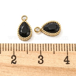 本物の14Kゴールドメッキ304ステンレススチールペンダント  ガラスと  ティアドロップ  ブラック  10x5.5x4mm  穴：1.6mm&nbsp;STAS-L022-156G-02