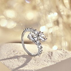 Rhodium Plated 925 Sterling Silver Snake Open Cuff Rings with Cubic Zirconia&nbsp;RJEW-F150-76P