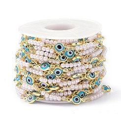 Evil Eye Glass & Brass & ABS Imitation Pearl Handmade Beaded Chains&nbsp;CHC-D029-37G-02